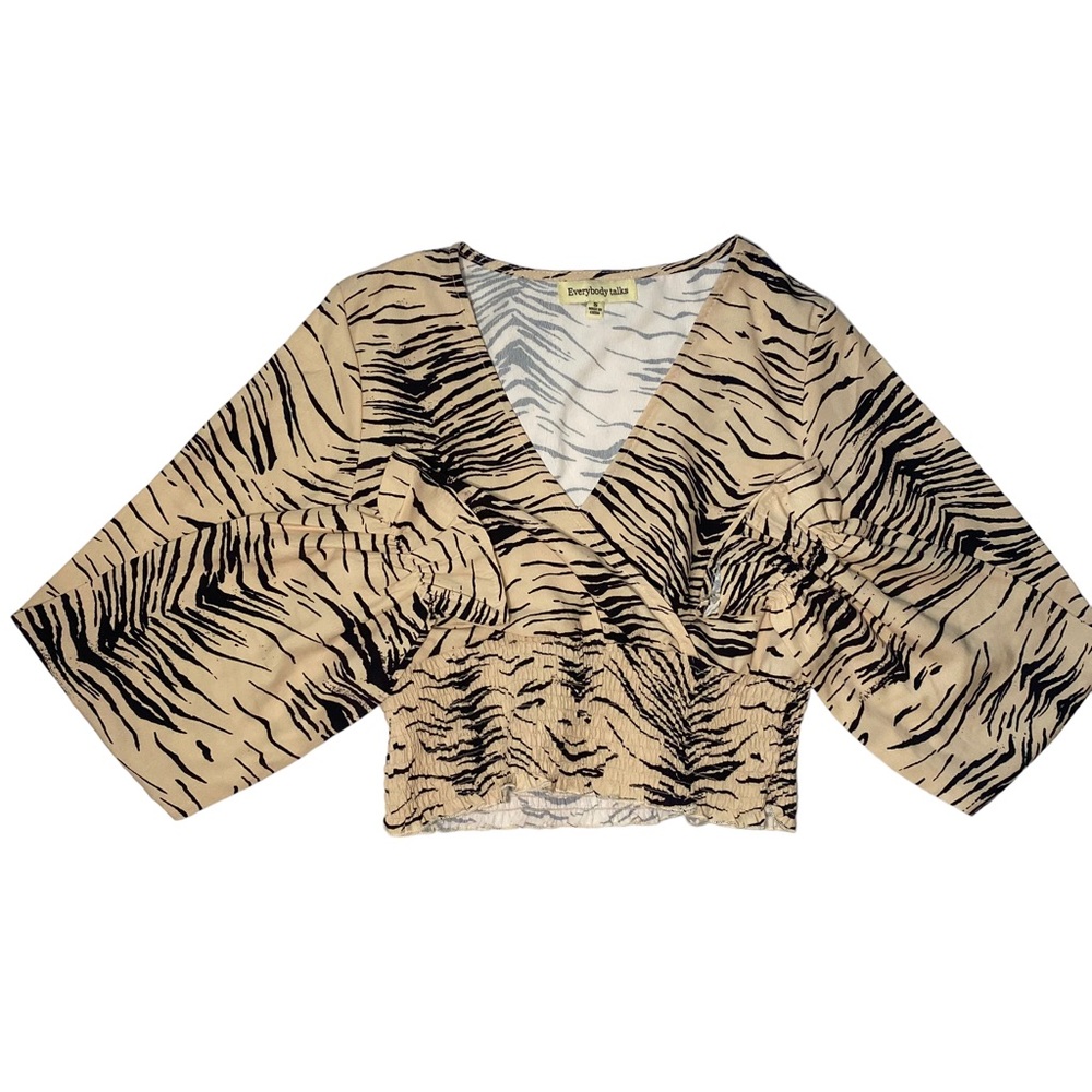 Tan Striped V-Neck Long Sleeve Blouse
